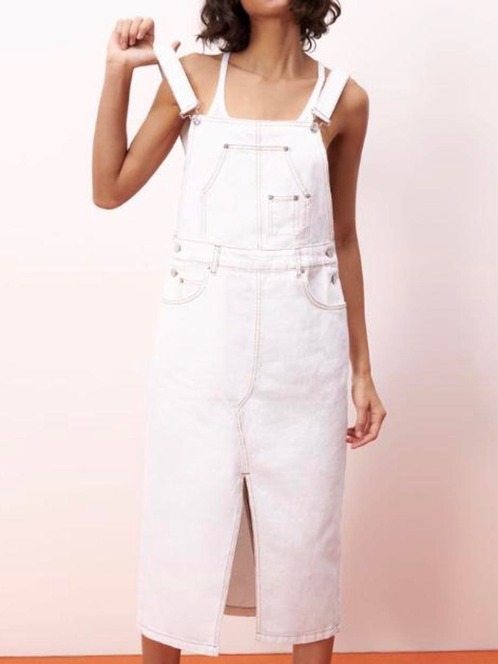Zara White Denim Overall Midi Dress: Size XS